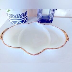 Vintage Fire King  Divided Relish milk Glass Serving Dish Gold Bead Accent